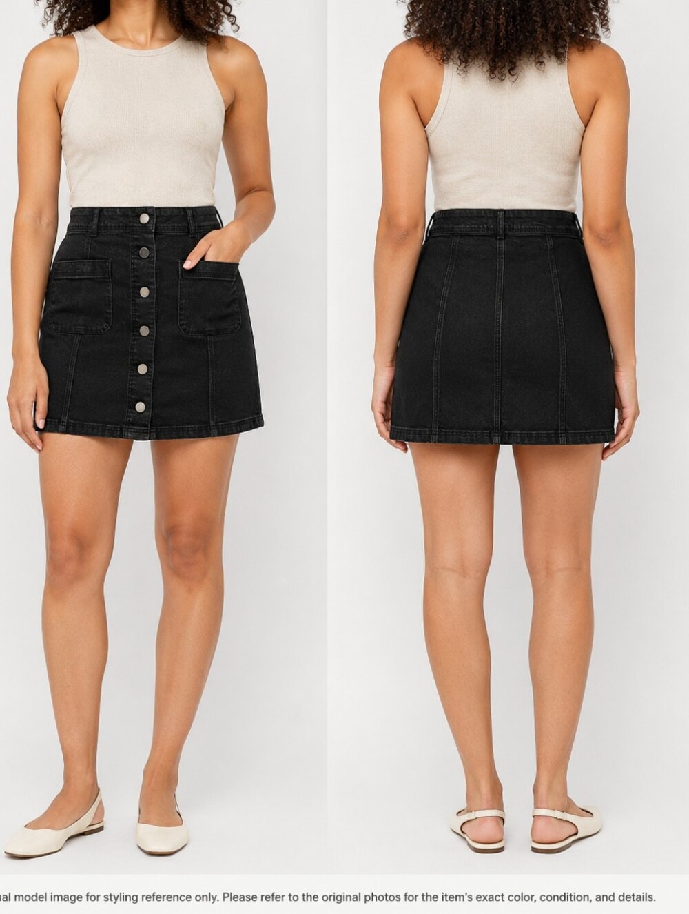 Suzy Shier Black Stretch Denim Mini Skirt Size M Button Front Pocket Skirt
